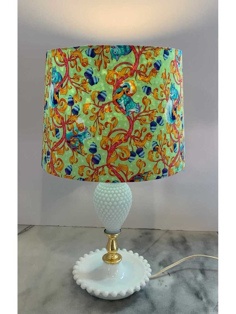 Vintage Hobnail Milk Glass Table Lamp With Handcrafted Tula Pink Squirrel Shade